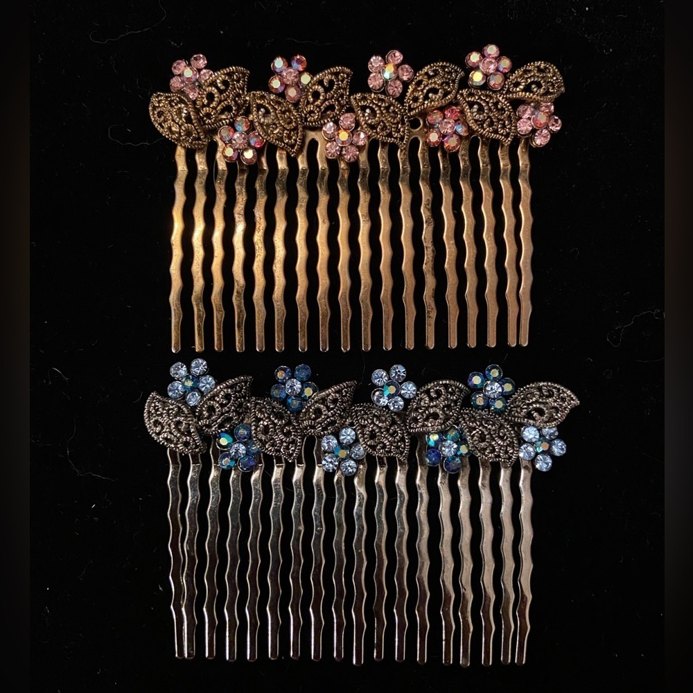 🩷 Set of 2 Crystal Floral Flower Hair Comb Formal Sparkle Pink Blue